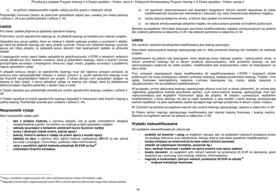 Podmínkou využití operativního leasingu je, že předmět leasingu je nezbytný pro realizaci projektu.