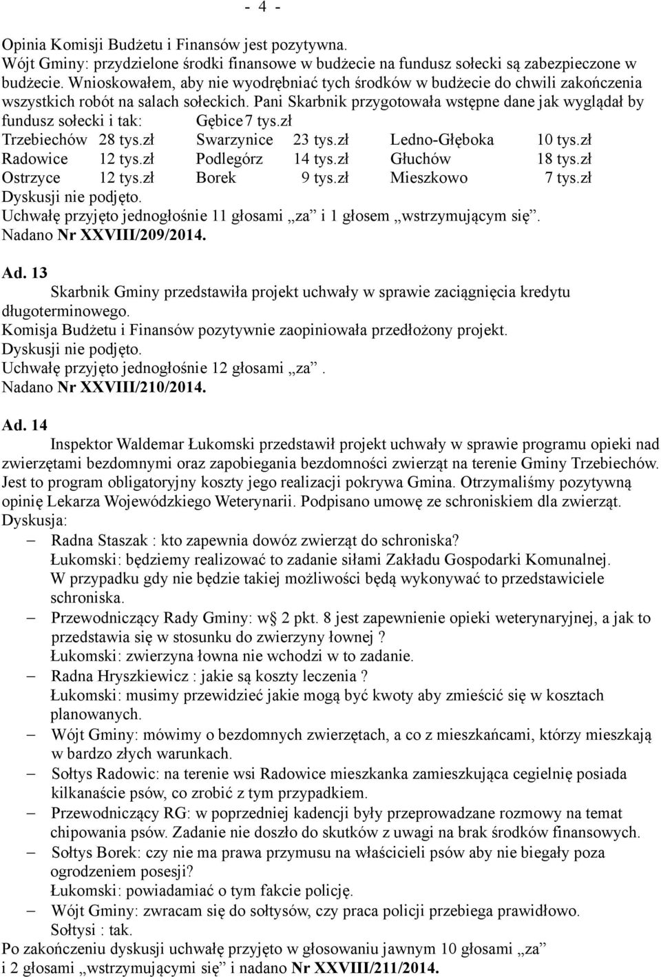 Pani Skarbnik przygotowała wstępne dane jak wyglądał by fundusz sołecki i tak: Gębice7 tys.zł Trzebiechów 28 tys.zł Swarzynice 23 tys.zł Ledno-Głęboka 10 tys.zł Radowice 12 tys.zł Podlegórz 14 tys.