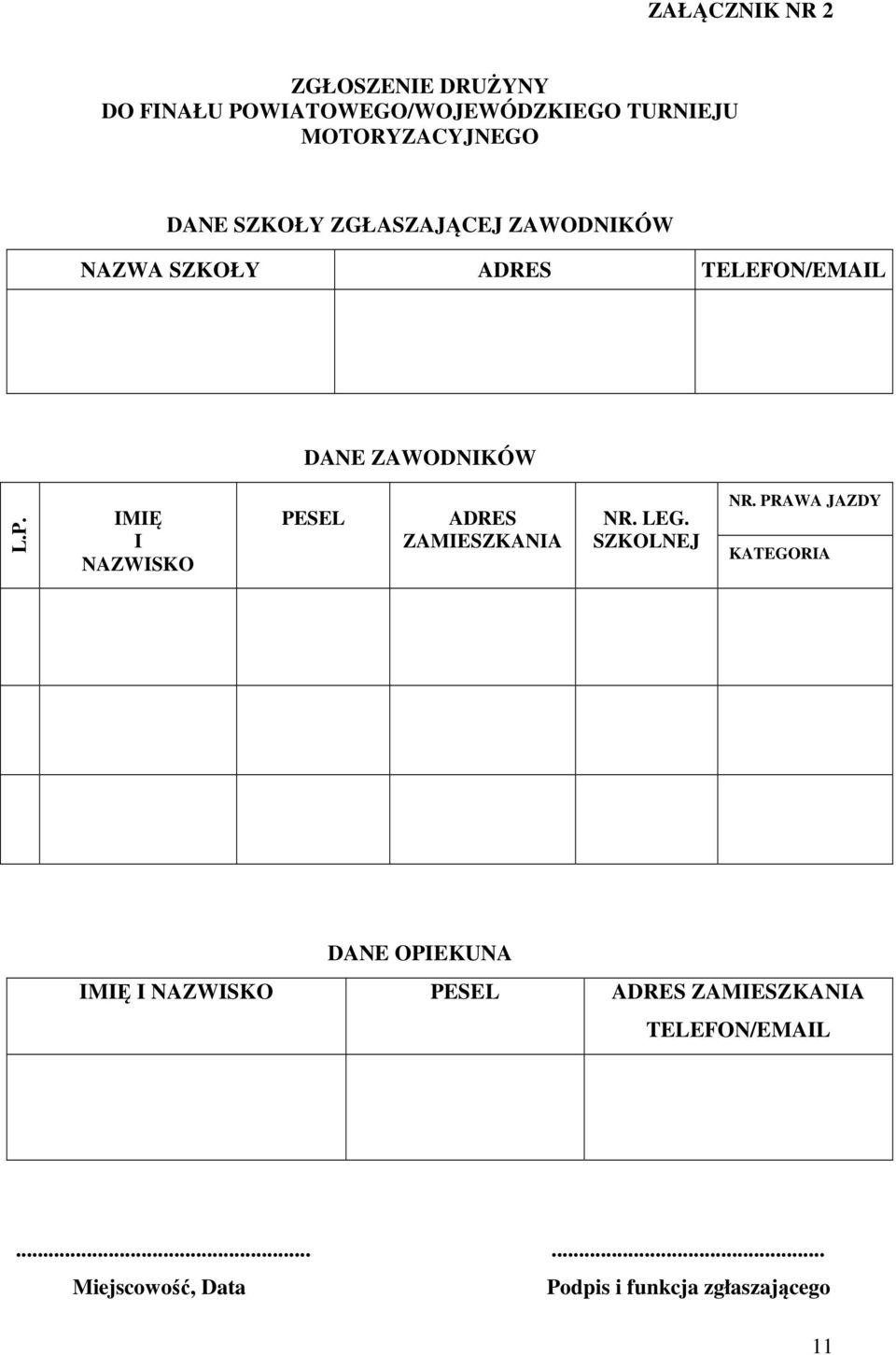 IMIĘ I NAZWISKO PESEL ADRES ZAMIESZKANIA NR. LEG. SZKOLNEJ NR.