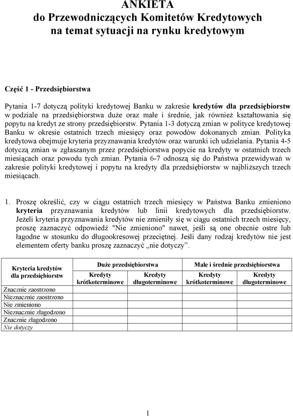 Pytania 1-3 dotyczą zmian w polityce kredytowej Banku w okresie ostatnich trzech miesięcy oraz powodów dokonanych zmian.