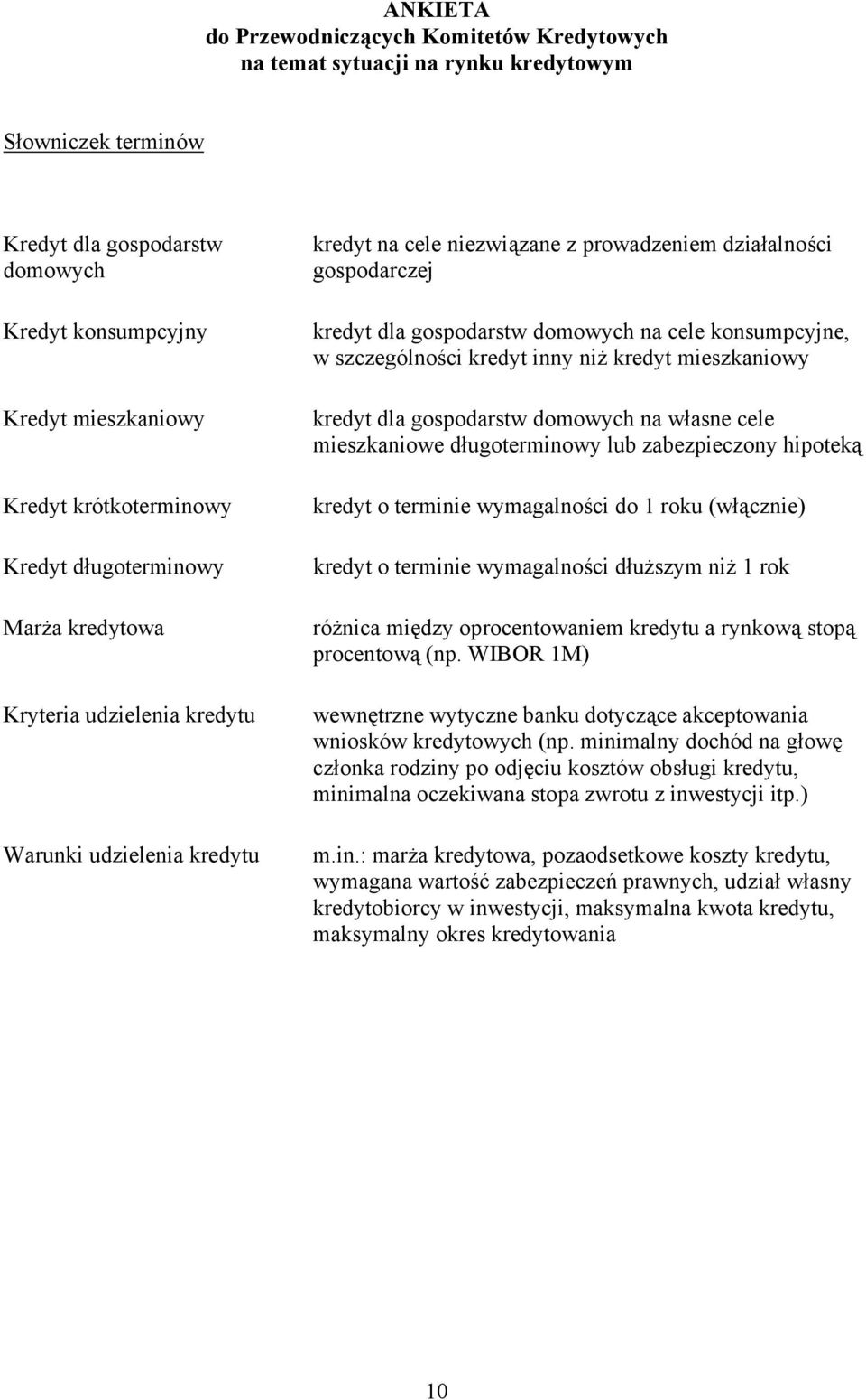 domowych na cele konsumpcyjne, w szczególności kredyt inny niż kredyt mieszkaniowy kredyt dla gospodarstw domowych na własne cele mieszkaniowe długoterminowy lub zabezpieczony hipoteką kredyt o