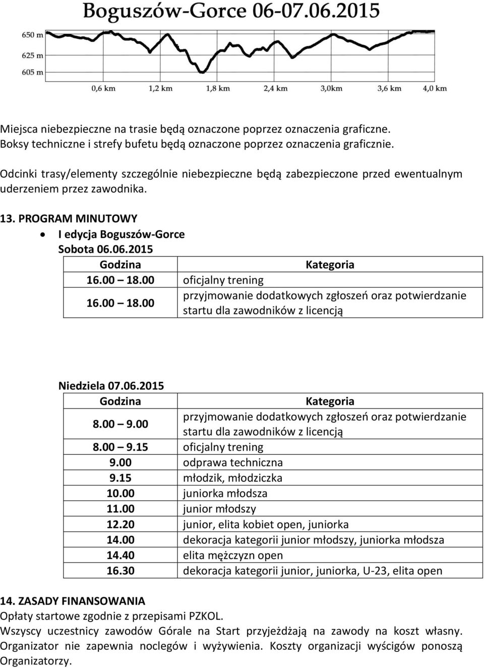 00 18.00 oficjalny trening przyjmowanie dodatkowych zgłoszeń oraz potwierdzanie 16.00 18.00 startu dla zawodników z licencją Niedziela 07.06.2015 Godzina 8.00 9.