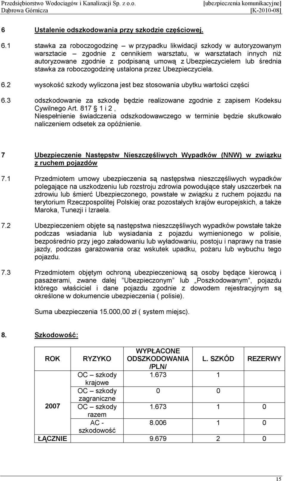 lub średnia stawka za roboczogodzinę ustalona przez Ubezpieczyciela. 6.2 wysokość szkody wyliczona jest bez stosowania ubytku wartości części 6.