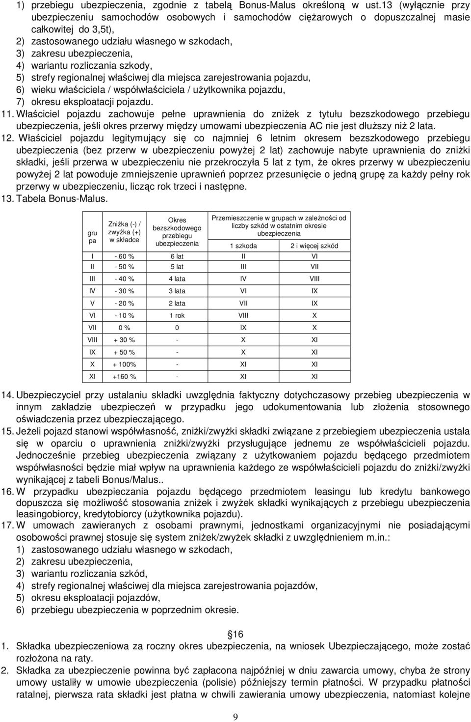 wariantu rozliczania szkody, 5) strefy regionalnej właściwej dla miejsca zarejestrowania pojazdu, 6) wieku właściciela / współwłaściciela / uŝytkownika pojazdu, 7) okresu eksploatacji pojazdu. 11.