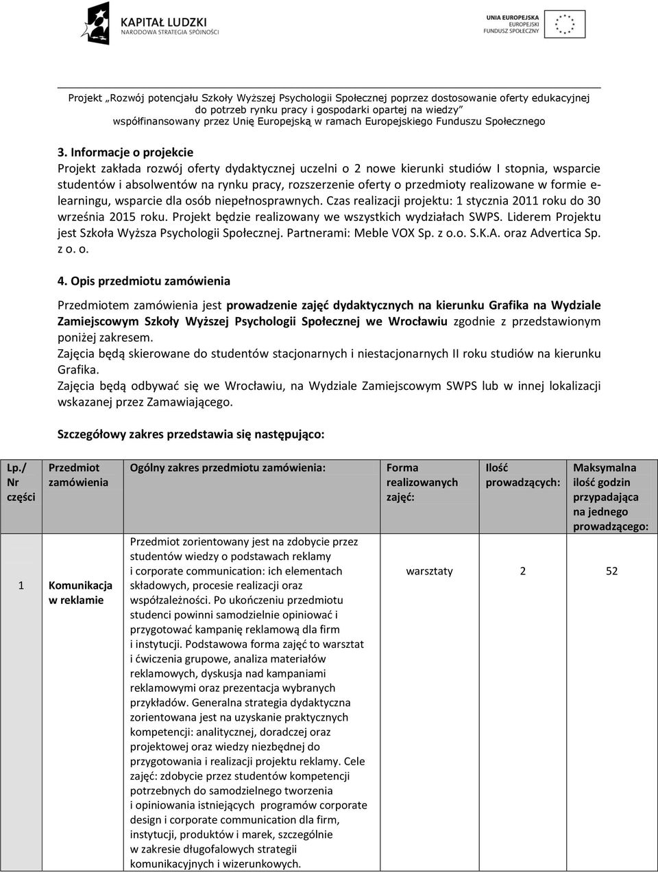 Projekt będzie realizowany we wszystkich wydziałach SWPS. Liderem Projektu jest Szkoła Wyższa Psychologii Społecznej. Partnerami: Meble VOX Sp. z o.o. S.K.A. oraz Advertica Sp. z o. o. 4.