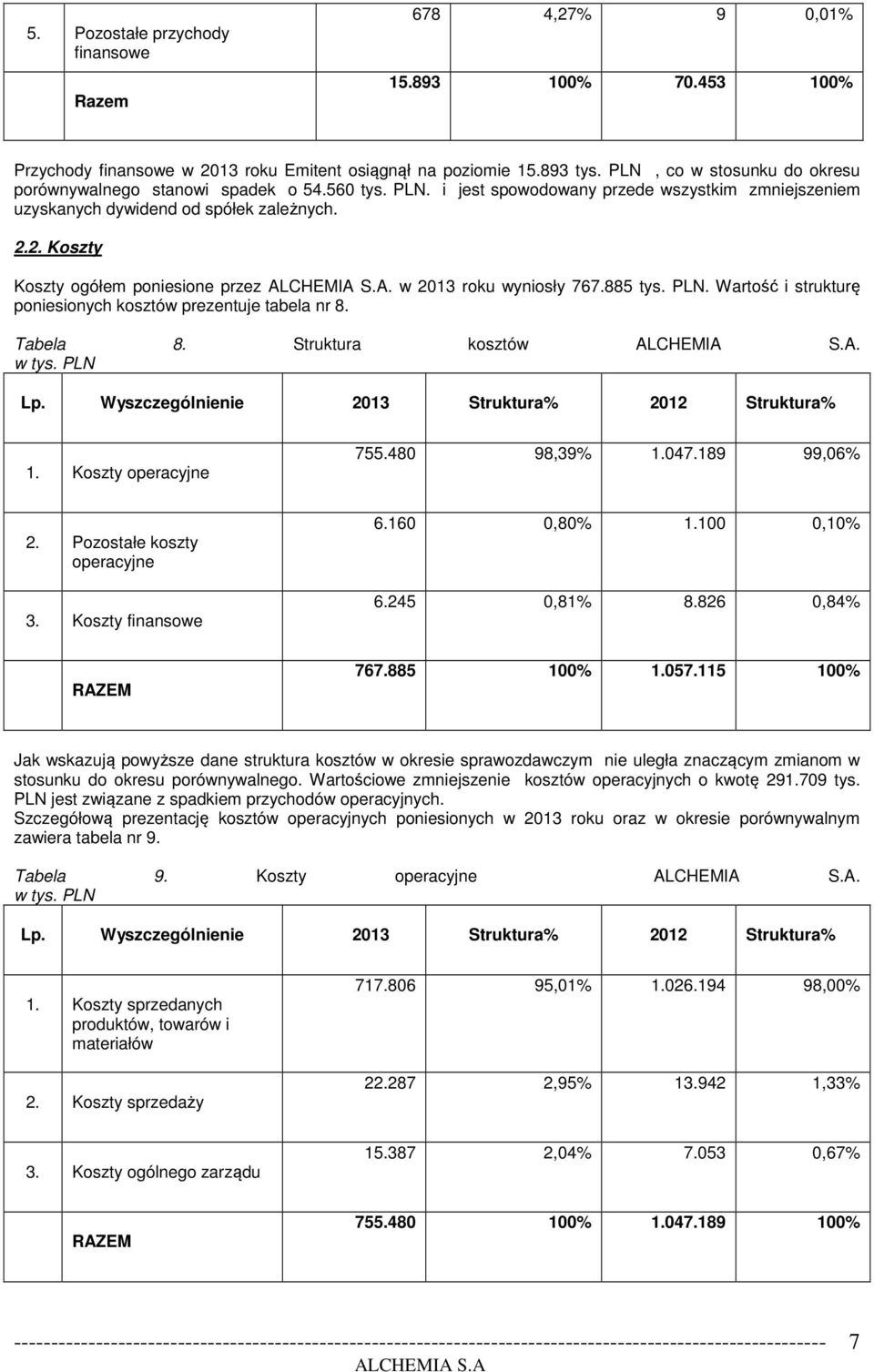 2. Koszty Koszty ogółem poniesione przez. w 2013 roku wyniosły 767.885 tys. PLN. Wartość i strukturę poniesionych kosztów prezentuje tabela nr 8. Tabela 8. Struktura kosztów. w tys. PLN Lp.