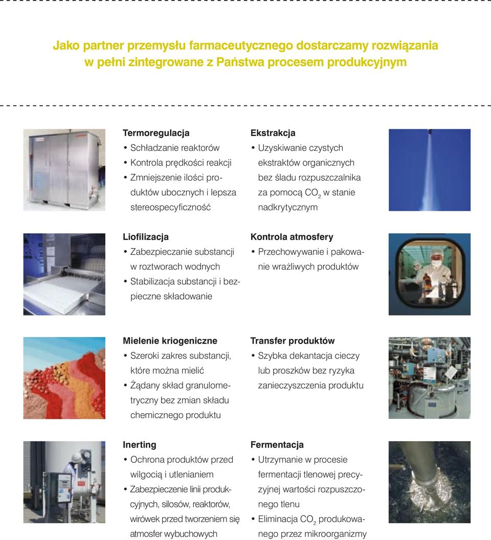 Zabezpieczanie substancji w roztworach wodnych Stabilizacja substancji i bezpieczne składowanie Kontrola atmosfery Przechowywanie i pakowanie wra liwych produktów Mielenie kriogeniczne Szeroki zakres