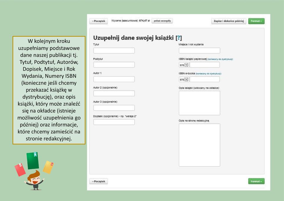 chcemy przekazać książkę w dystrybucję), oraz opis książki, który może znaleźć się na