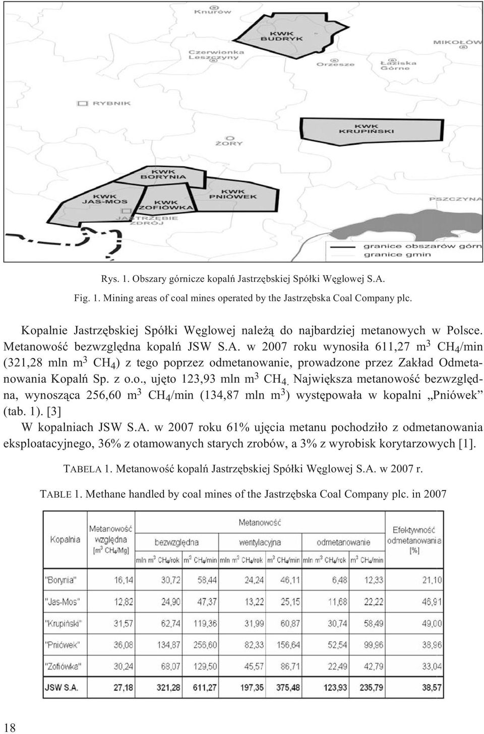 w 2007 roku wynosi³a 611,27 m 3 CH 4 /min (321,28 mln m 3 CH 4 ) z tego poprzez odmetanowanie, prowadzone przez Zak³ad Odmetanowania Kopalñ Sp. z o.o., ujêto 123,93 mln m 3 CH 4.