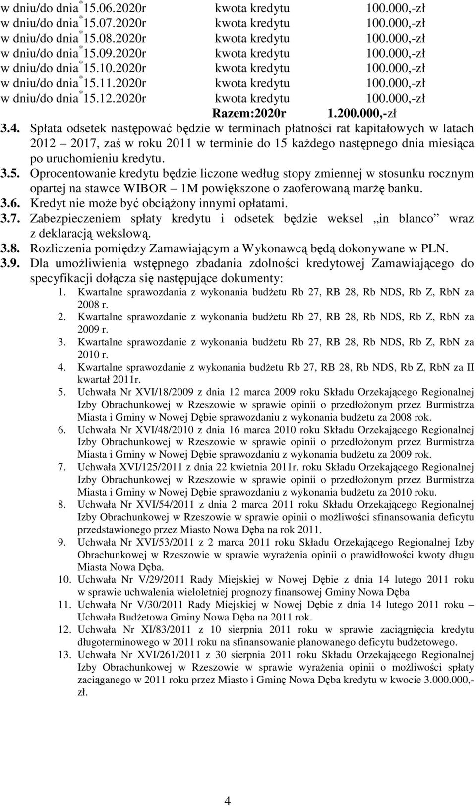 200.000,-zł 3.4. Spłata odsetek następować będzie w terminach płatności rat kapitałowych w latach 2012 2017, zaś w roku 2011 w terminie do 15 każdego następnego dnia miesiąca po uruchomieniu kredytu.