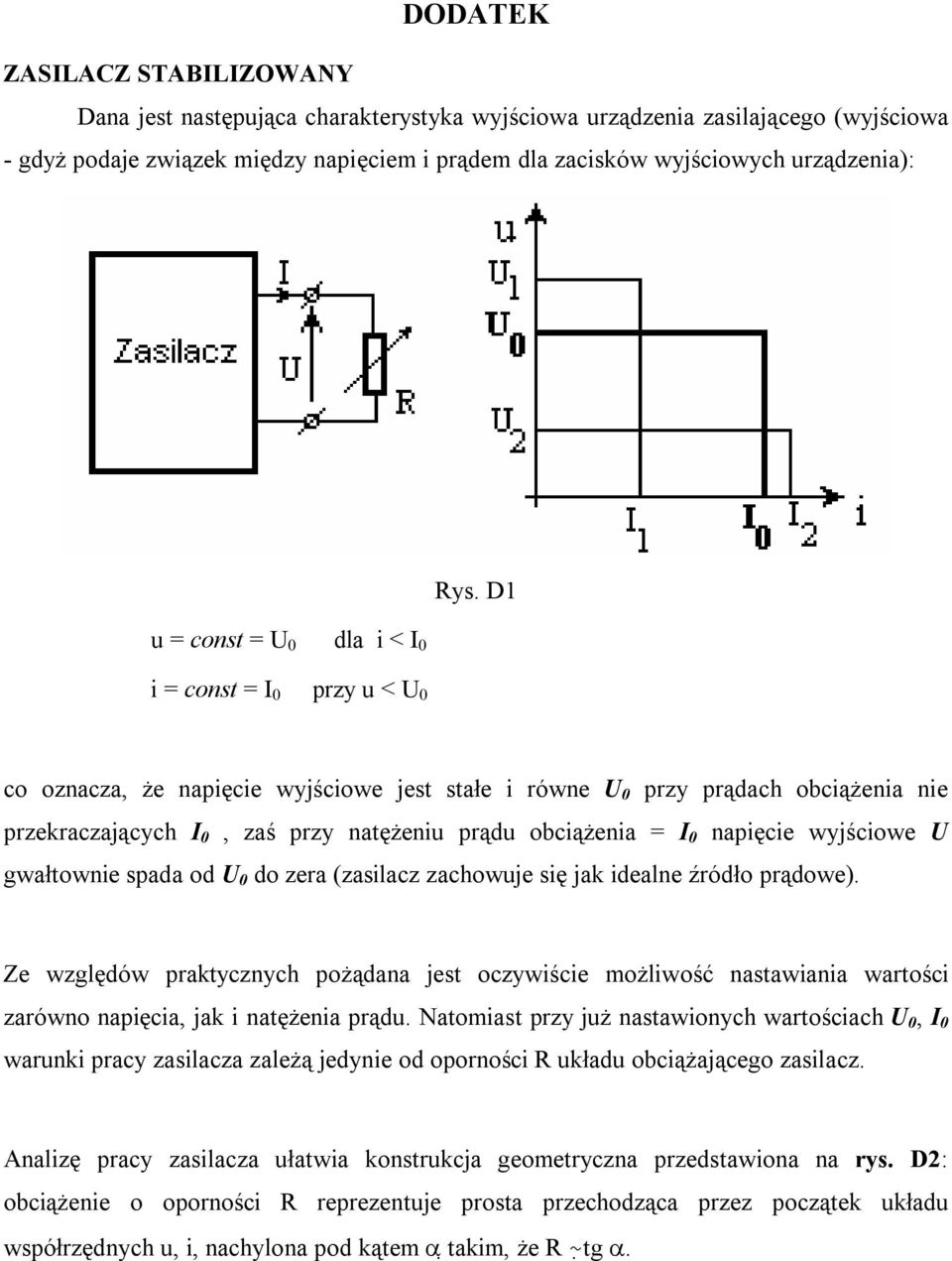 D1 co oznacza, że napięcie wyjściowe jest stałe i równe U 0 przy prądach obciążenia nie przekraczających 0, zaś przy natężeniu prądu obciążenia = 0 napięcie wyjściowe U gwałtownie spada od U 0 do