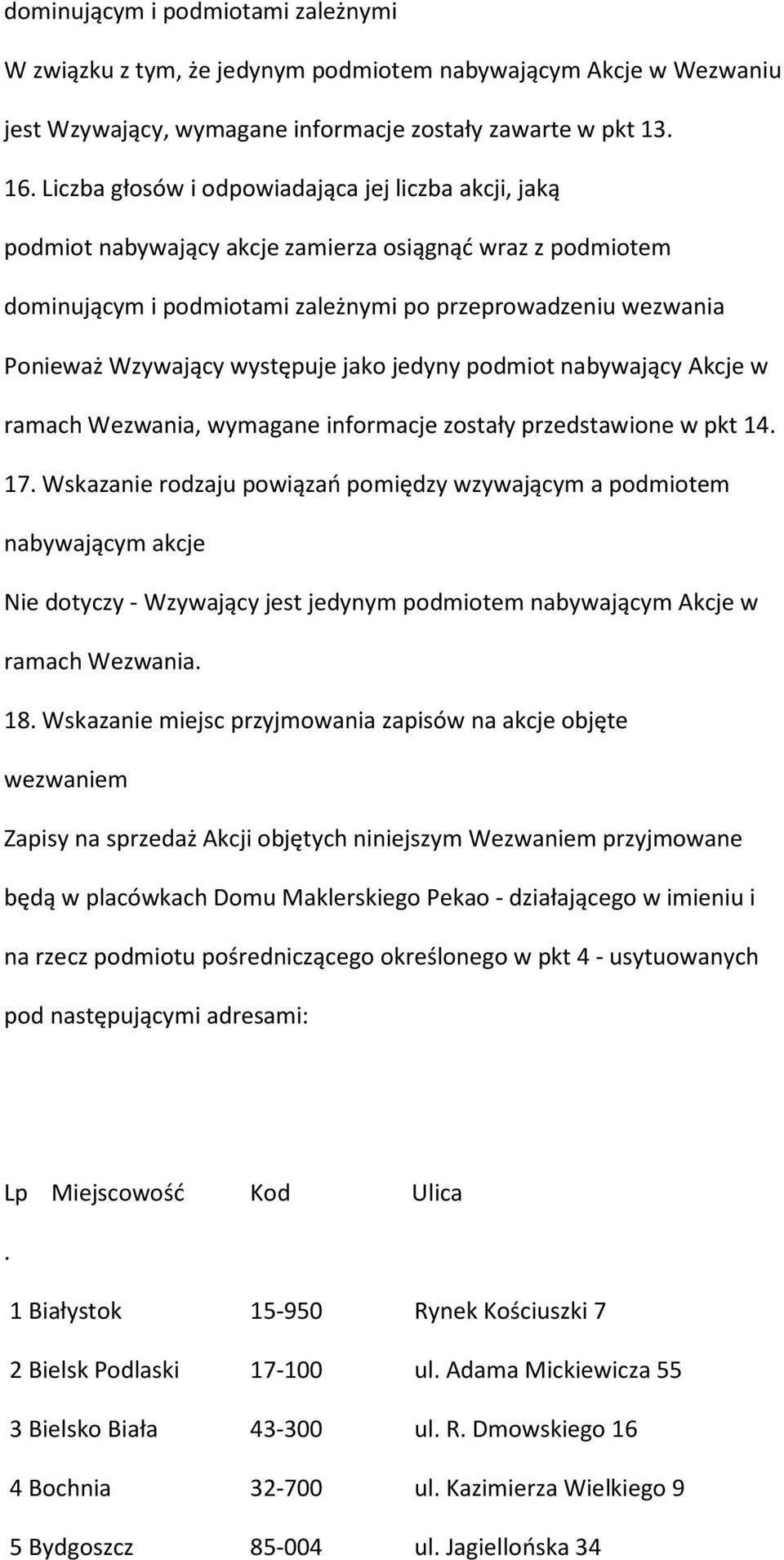 występuje jako jedyny podmiot nabywający Akcje w ramach Wezwania, wymagane informacje zostały przedstawione w pkt 14. 17.