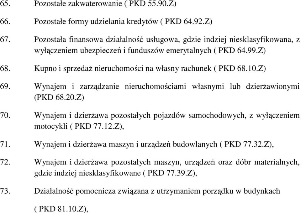 Kupno i sprzedaż nieruchomości na własny rachunek ( PKD 68.10.Z) 69. Wynajem i zarządzanie nieruchomościami własnymi lub dzierżawionymi (PKD 68.20.Z) 70.