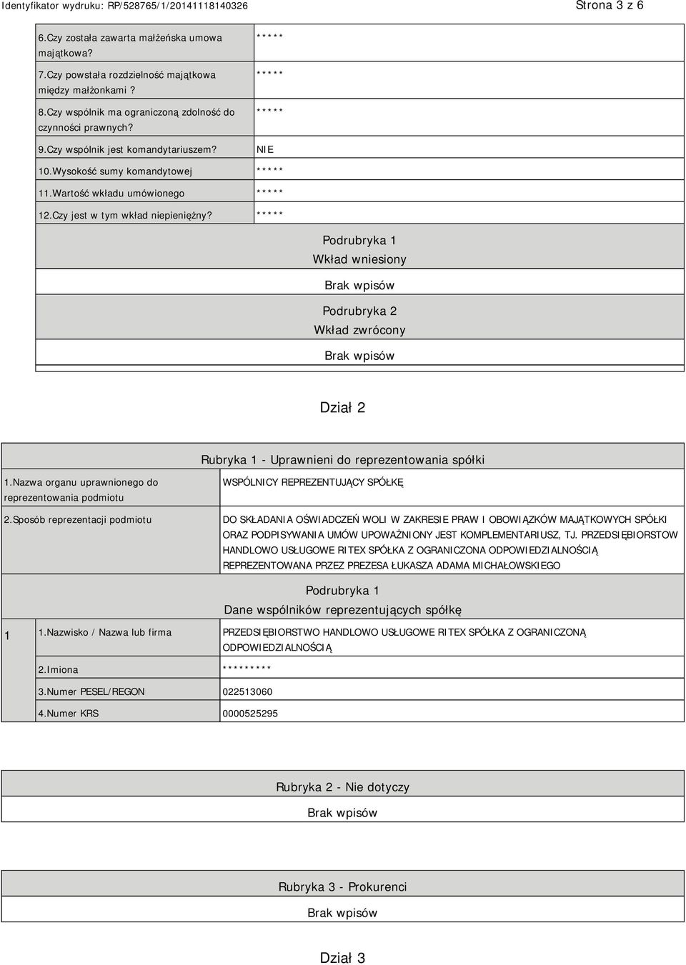 Podrubryka 1 Wkład wniesiony Podrubryka 2 Wkład zwrócony Dział 2 Rubryka 1 - Uprawnieni do reprezentowania spółki 1.Nazwa organu uprawnionego do reprezentowania podmiotu 2.