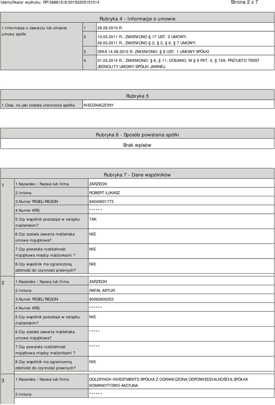 Czas, na jaki została utworzona spółka OZNACZONY Rubryka 6 - Sposób powstania spółki 1 1.Nazwisko / Nazwa lub firma ZARZECKI Rubryka 7 - Dane wspólników ROBERT ŁUKASZ 3.