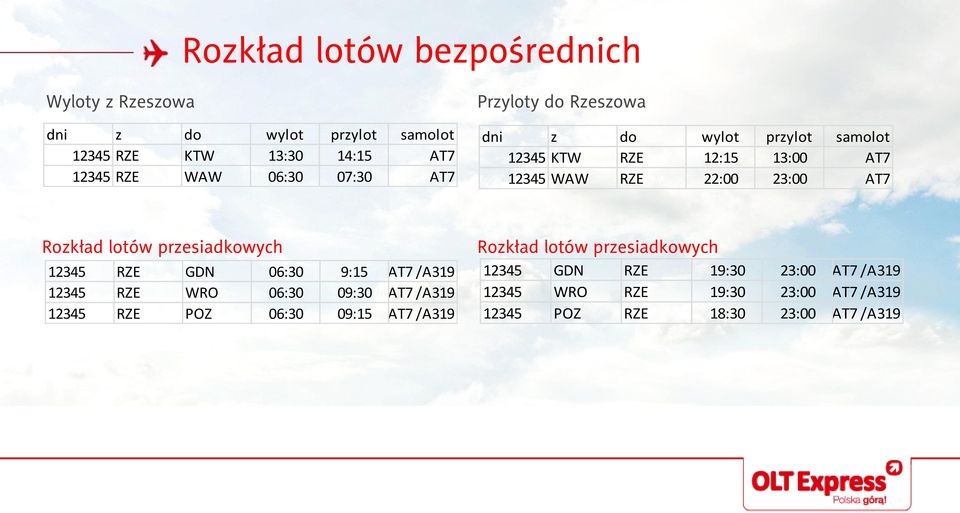 06:30 9:15 AT7 /A319 12345 RZE WRO 06:30 09:30 AT7 /A319 12345 RZE POZ 06:30 09:15 AT7 /A319 Rozkład lotów