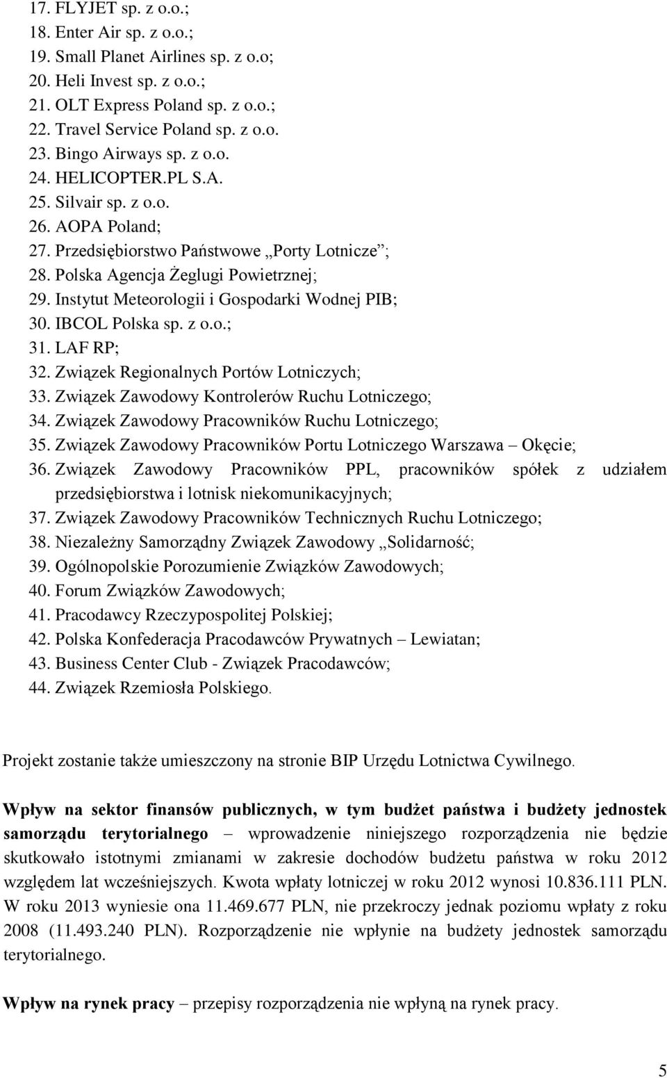 Instytut Meteorologii i Gospodarki Wodnej PIB; 30. IBCOL Polska sp. z o.o.; 31. LAF RP; 32. Związek Regionalnych Portów Lotniczych; 33. Związek Zawodowy Kontrolerów Ruchu Lotniczego; 34.