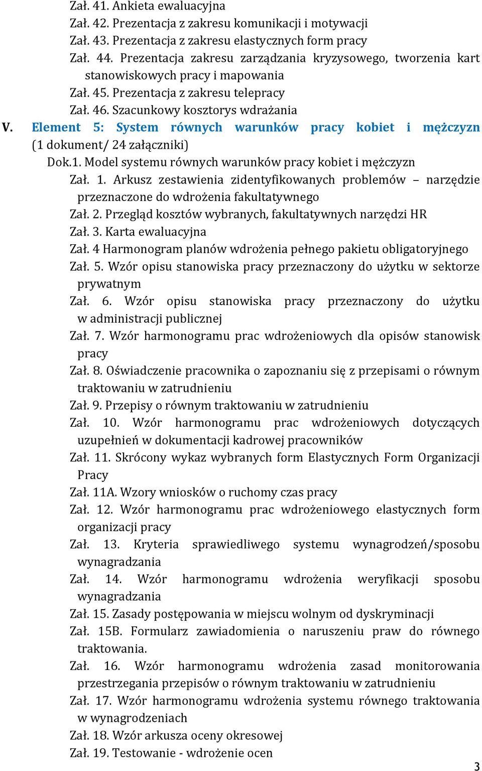 Element 5: System równych warunków pracy kobiet i mężczyzn (1 dokument/ 24 załączniki) Dok.1. Model systemu równych warunków pracy kobiet i mężczyzn Zał. 1.