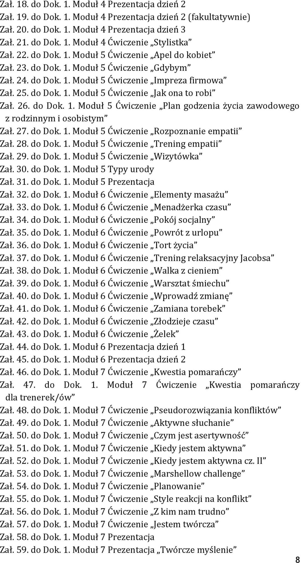 26. do Dok. 1. Moduł 5 Ćwiczenie Plan godzenia życia zawodowego z rodzinnym i osobistym Zał. 27. do Dok. 1. Moduł 5 Ćwiczenie Rozpoznanie empatii Zał. 28. do Dok. 1. Moduł 5 Ćwiczenie Trening empatii Zał.