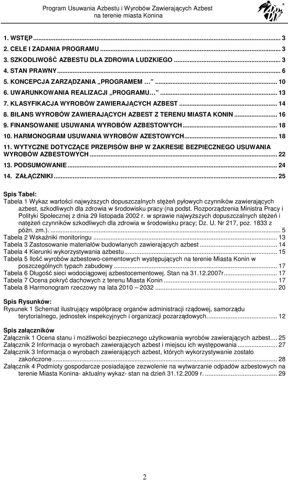 HARMONOGRAM USUWANIA WYROBÓW AZESTOWYCH... 18 11. WYTYCZNE DOTYCZĄCE PRZEPISÓW BHP W ZAKRESIE BEZPIECZNEGO USUWANIA WYROBÓW AZBESTOWYCH... 22 13. PODSUMOWANIE... 24 14. ZAŁĄCZNIKI.