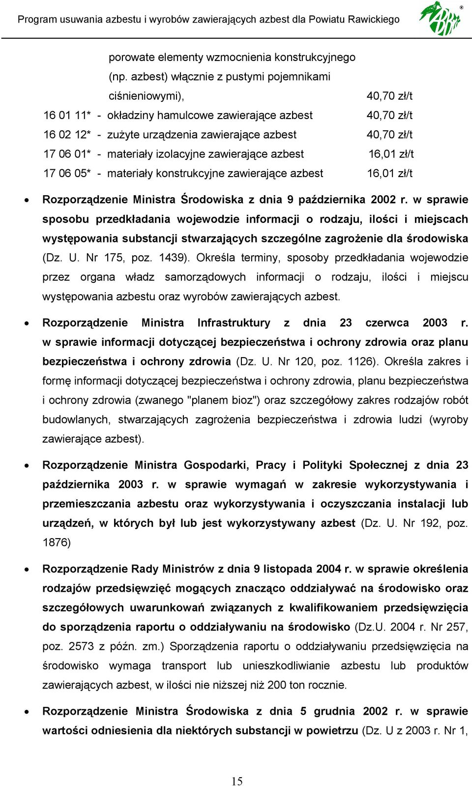 materiały izolacyjne zawierające azbest 16,01 zł/t 17 06 05* - materiały konstrukcyjne zawierające azbest 16,01 zł/t Rozporządzenie Ministra Środowiska z dnia 9 października 2002 r.