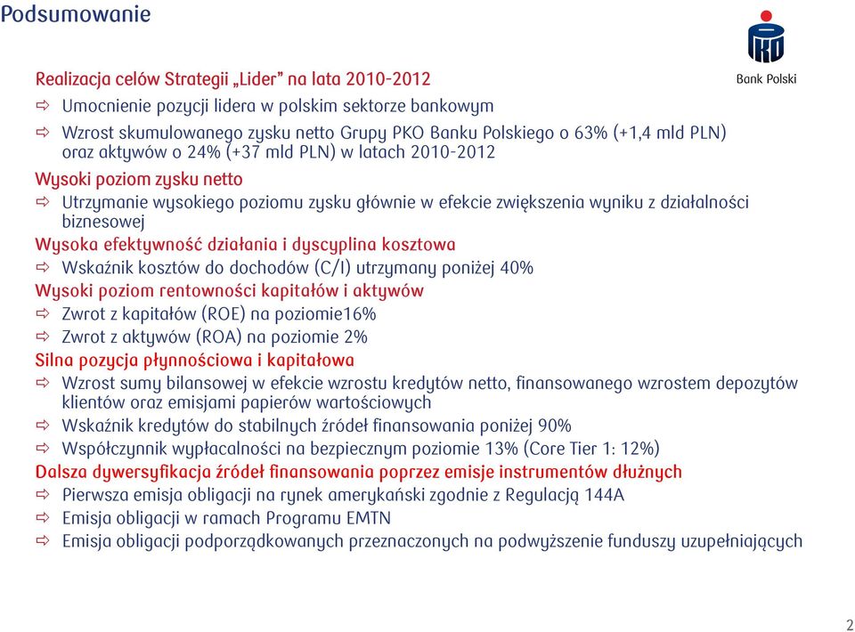 działania i dyscyplina kosztowa Wskaźnik kosztów do dochodów (C/I) utrzymany poniżej 40% Wysoki poziom rentowności kapitałów i aktywów Zwrot z kapitałów (ROE) na poziomie16% Zwrot z aktywów (ROA) na