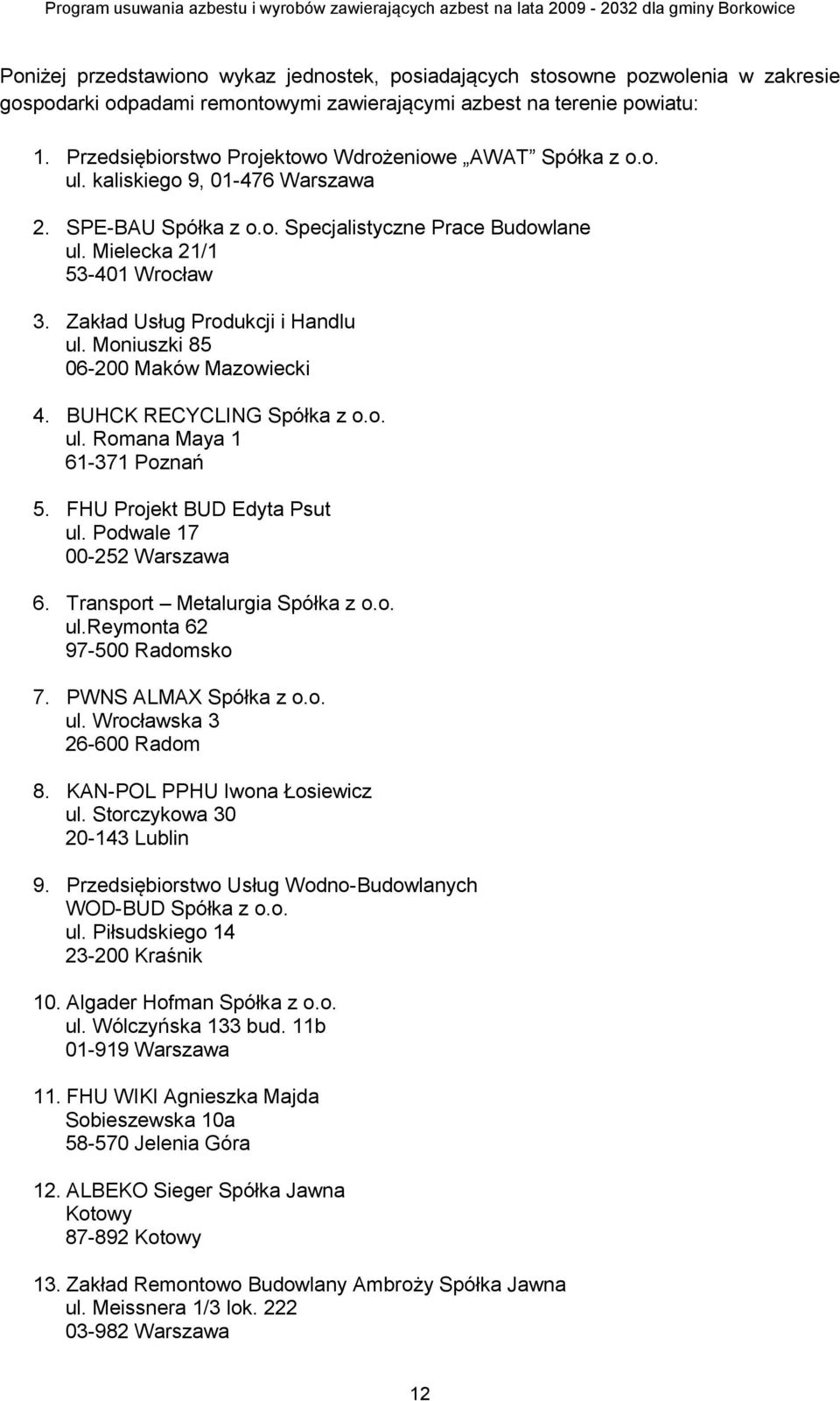 Zakład Usług Produkcji i Handlu ul. Moniuszki 85 06-200 Maków Mazowiecki 4. BUHCK RECYCLING Spółka z o.o. ul. Romana Maya 1 61-371 Poznań 5. FHU Projekt BUD Edyta Psut ul.
