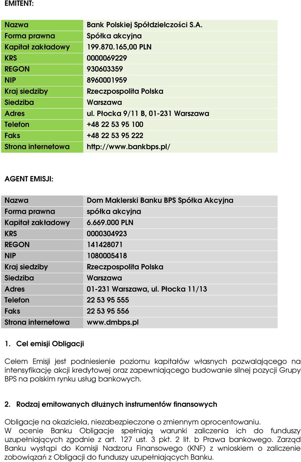 Płocka 9/11 B, 01-231 Warszawa Telefon +48 22 53 95 100 Faks +48 22 53 95 222 Strona internetowa http://www.bankbps.