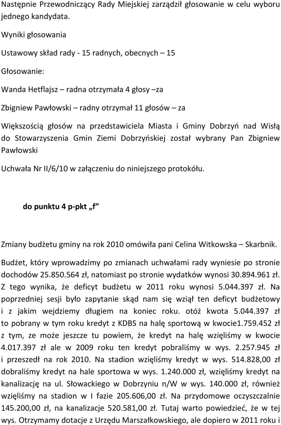 przedstawiciela Miasta i Gminy Dobrzyń nad Wisłą do Stowarzyszenia Gmin Ziemi Dobrzyńskiej został wybrany Pan Zbigniew Pawłowski Uchwała Nr II/6/10 w załączeniu do niniejszego protokółu.