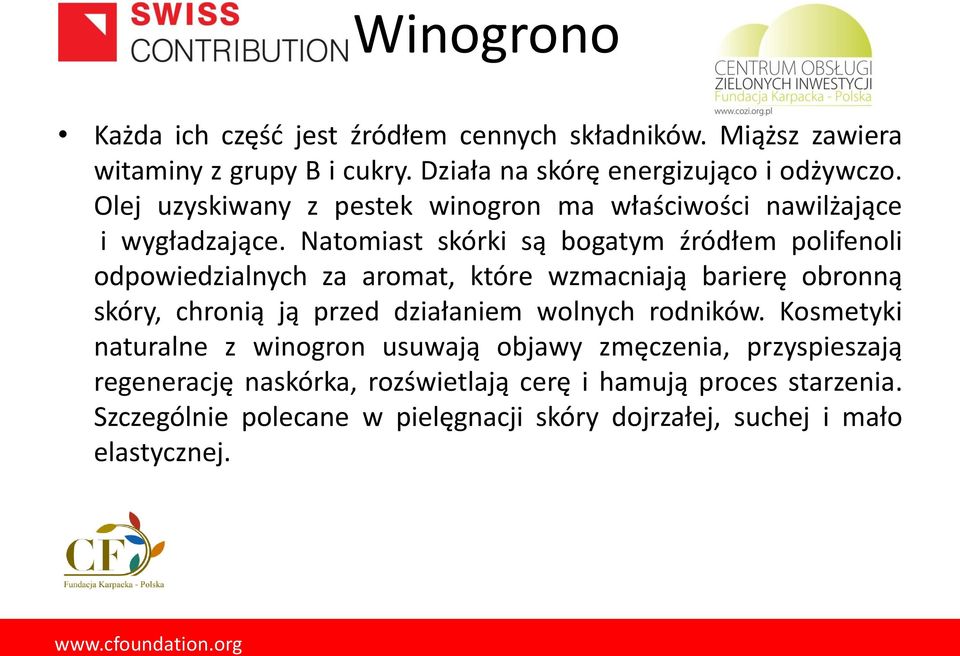 Natomiast skórki są bogatym źródłem polifenoli odpowiedzialnych za aromat, które wzmacniają barierę obronną skóry, chronią ją przed działaniem