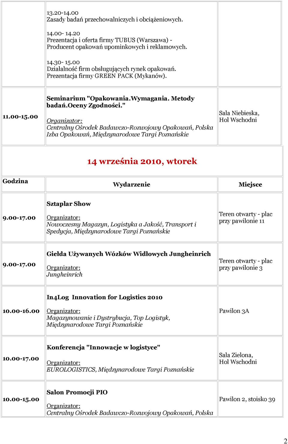 00 Działalność firm obsługujących rynek opakowań. Prezentacja firmy GREEN PACK (Mykanów). 11.00-15.00 Seminarium "Opakowania.