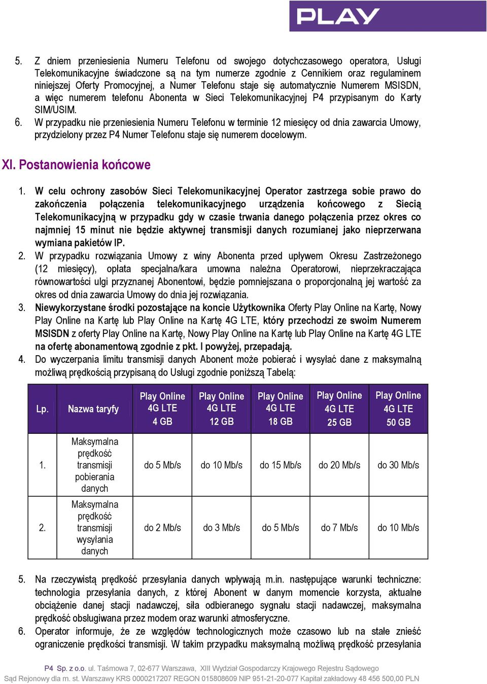 W przypadku nie przeniesienia Numeru Telefonu w terminie 12 miesięcy od dnia zawarcia Umowy, przydzielony przez P4 Numer Telefonu staje się numerem docelowym. XI. Postanowienia końcowe 1.
