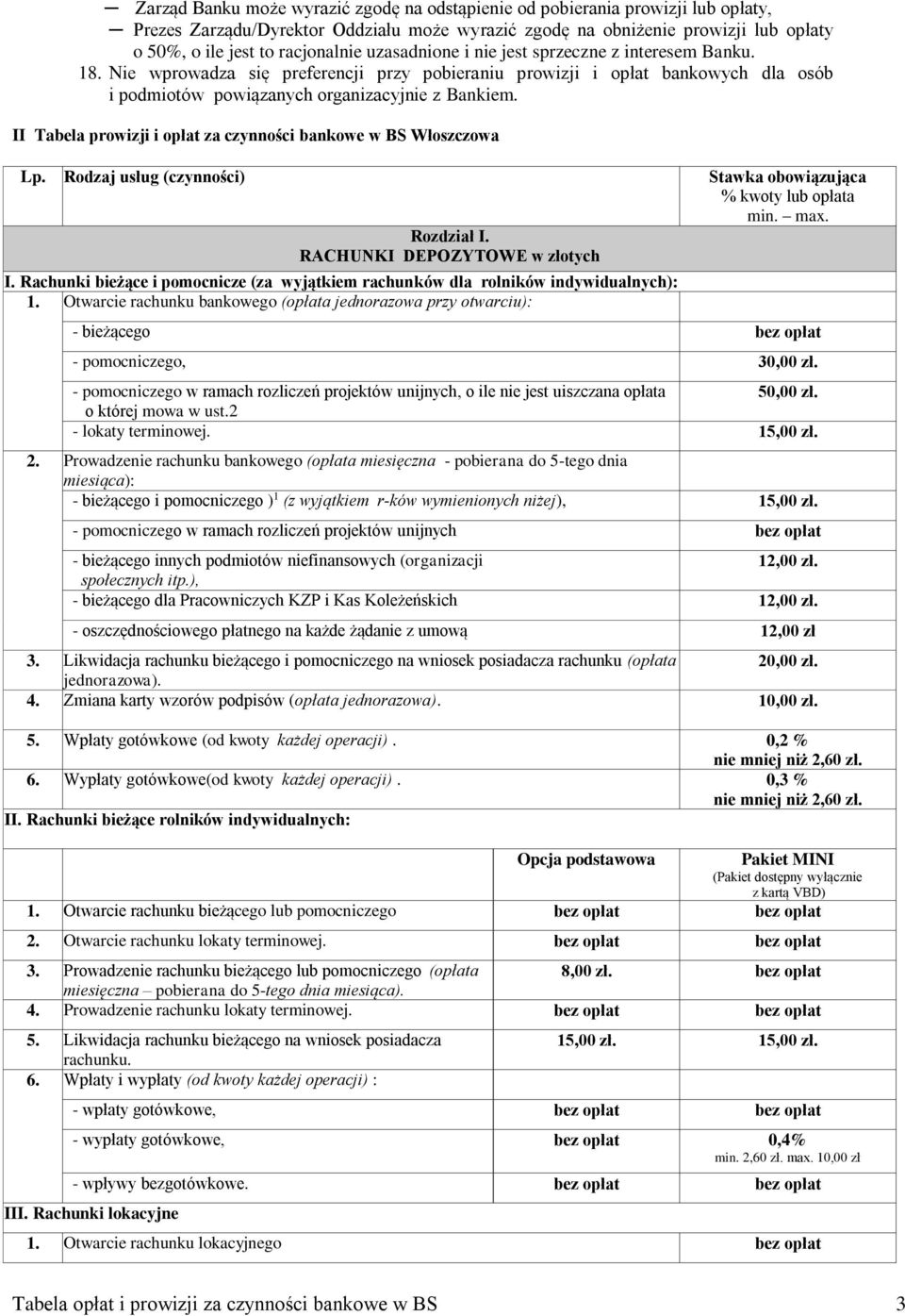 II Tabela prowizji i opłat za czynności bankowe w BS Włoszczowa Lp. Rodzaj usług (czynności) Stawka obowiązująca % kwoty lub opłata min. max. Rozdział I. RACHUNKI DEPOZYTOWE w złotych I.