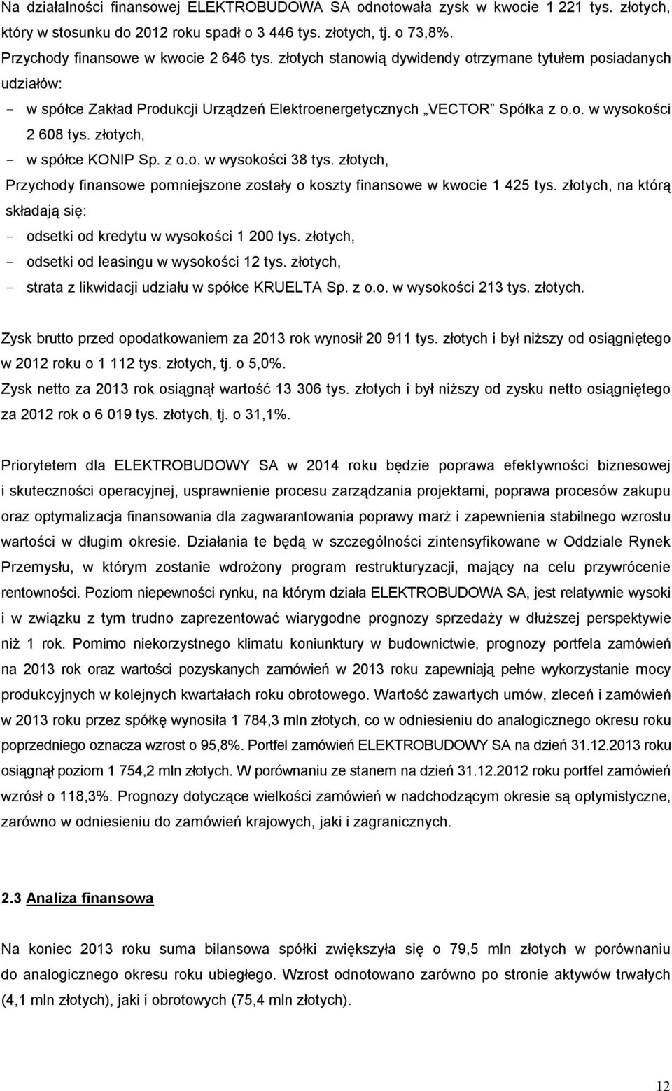 z o.o. w wysokości 38 tys. złotych, Przychody finansowe pomniejszone zostały o koszty finansowe w kwocie 1 425 tys. złotych, na którą składają się: - odsetki od kredytu w wysokości 1 200 tys.