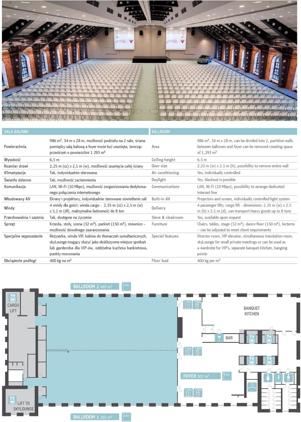 5 m Rozmiar drzwi 2,25 m (sz) x 2,1 m (w), możliwość usunięcia całej ściany Door size 2.25 m (w) x 2.