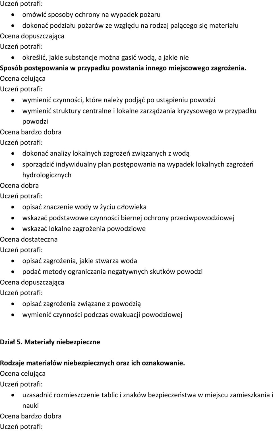 wymienić czynności, które należy podjąć po ustąpieniu powodzi wymienić struktury centralne i lokalne zarządzania kryzysowego w przypadku powodzi dokonać analizy lokalnych zagrożeń związanych z wodą