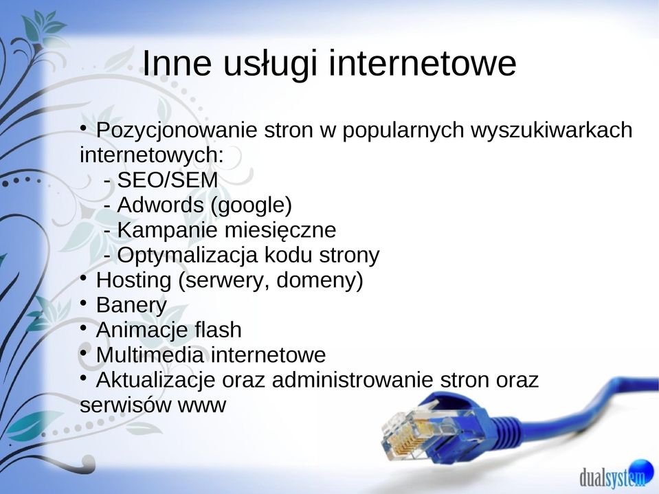 Optymalizacja kodu strony Hosting (serwery, domeny) Banery Animacje flash