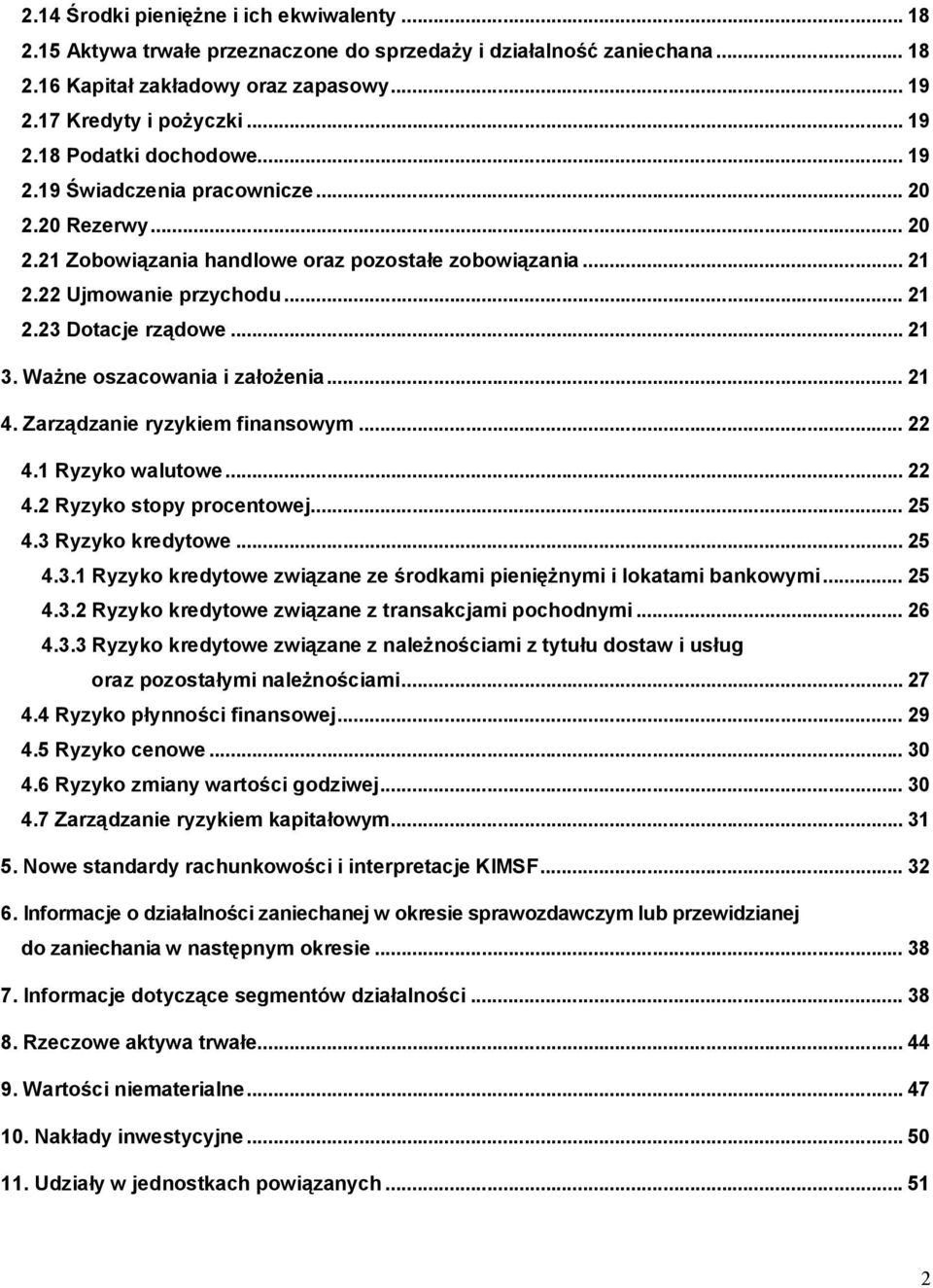 Ważne oszacowania i założenia... 21 4. Zarządzanie ryzykiem finansowym... 22 4.1 Ryzyko walutowe... 22 4.2 Ryzyko stopy procentowej... 25 4.3 