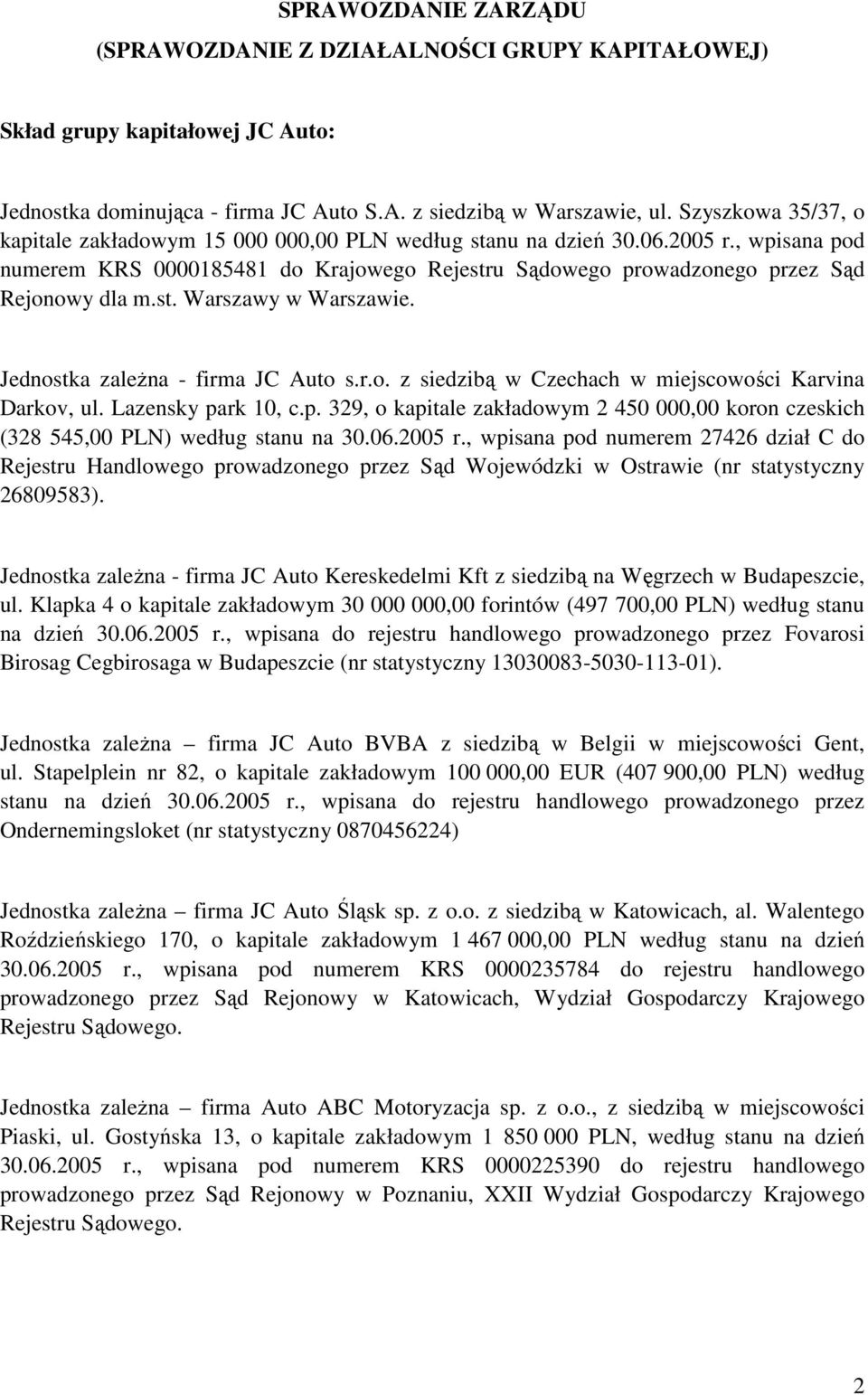 st. Warszawy w Warszawie. Jednostka zależna - firma JC Auto s.r.o. z siedzibą w Czechach w miejscowości Karvina Darkov, ul. Lazensky pa