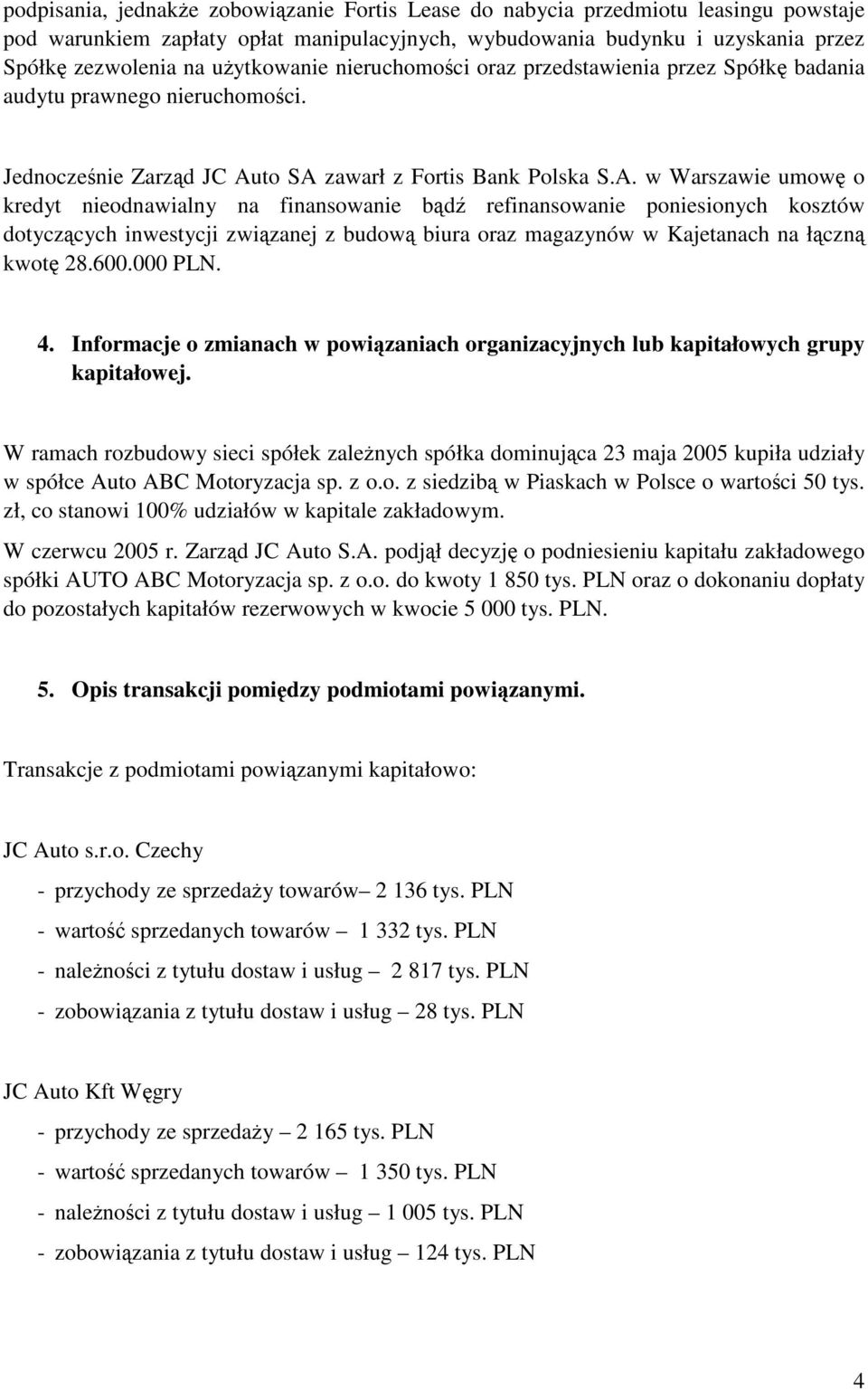 to SA zawarł z Fortis Bank Polska S.A. w Warszawie umowę o kredyt nieodnawialny na finansowanie bądź refinansowanie poniesionych kosztów dotyczących inwestycji związanej z budową biura oraz magazynów w Kajetanach na łączną kwotę 28.