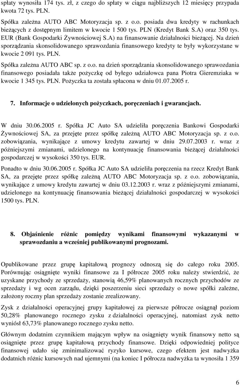Na dzień sporządzania skonsolidowanego sprawozdania finansowego kredyty te były wykorzystane w kwocie 2 091 tys. PLN. Spółka zależna AUTO ABC sp. z o.o. na dzień sporządzania skonsolidowanego sprawozdania finansowego posiadała także pożyczkę od byłego udziałowca pana Piotra Gieremziaka w kwocie 1 345 tys.