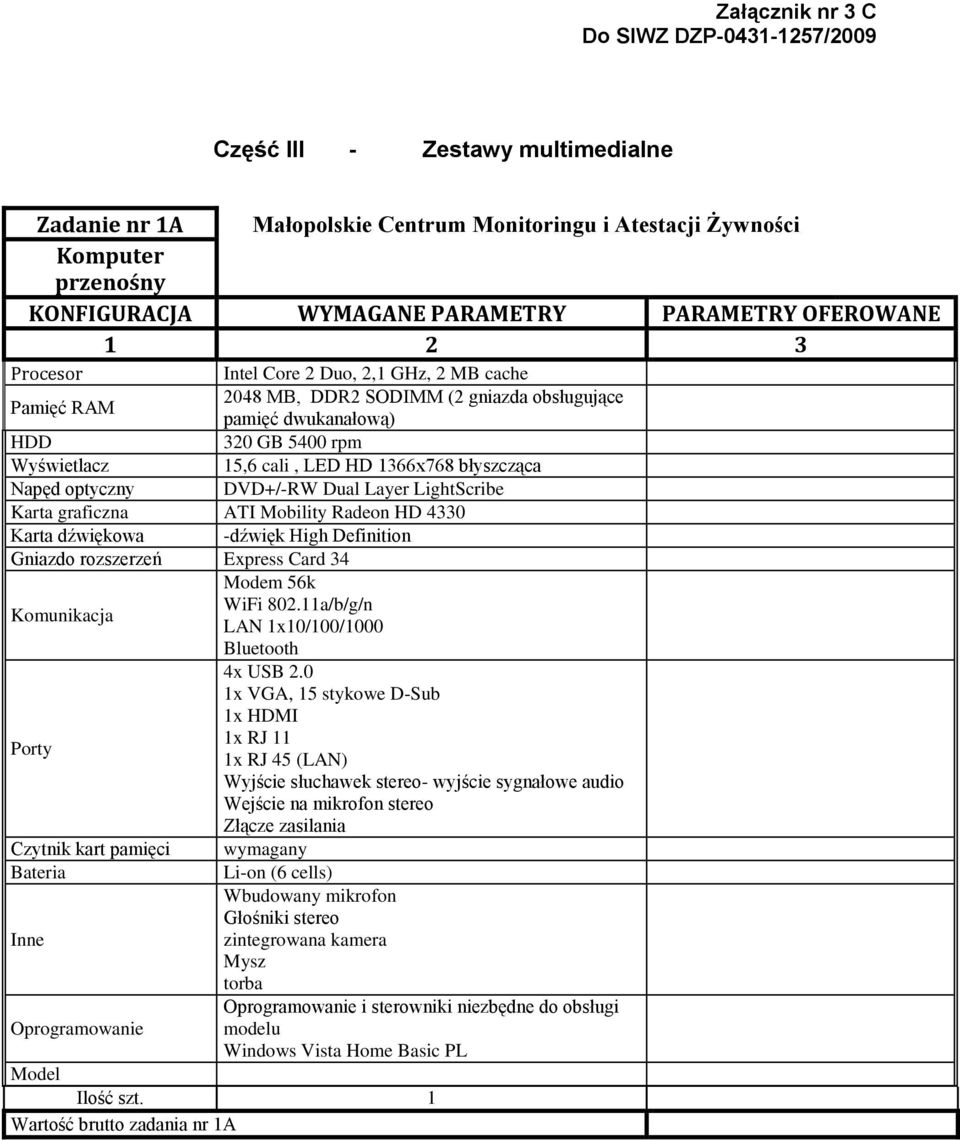 1366x768 błyszcząca Napęd optyczny DVD+/-RW Dual Layer LightScribe Karta graficzna ATI Mobility Radeon HD 4330 Karta dźwiękowa -dźwięk High Definition Gniazdo rozszerzeń Express Card 34 Modem 56k