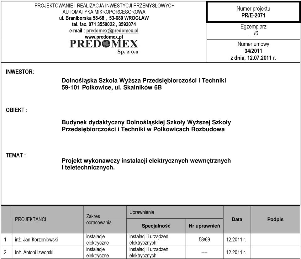 INWESTOR: OBIEKT : TEMAT : Projekt wykonawczy instalacji elektrycznych wewnętrznych i.