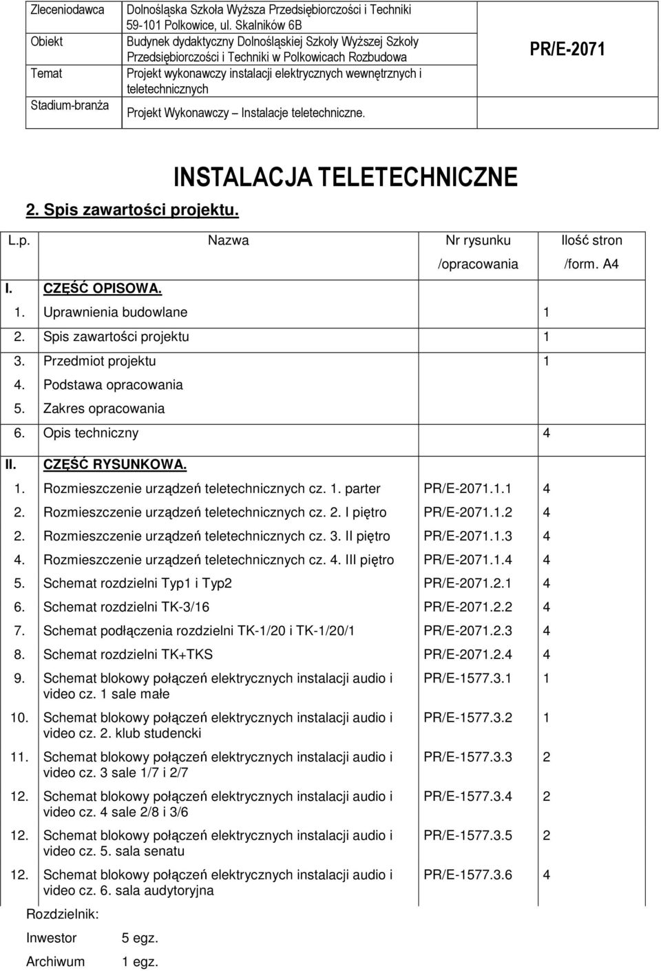 Rozmieszczenie urządzeń cz. 3. II piętro.1.3 4 4. Rozmieszczenie urządzeń cz. 4. III piętro.1.4 4 5. Schemat rozdzielni Typ1 i Typ2.2.1 4 6. Schemat rozdzielni TK-3/16.2.2 4 7.