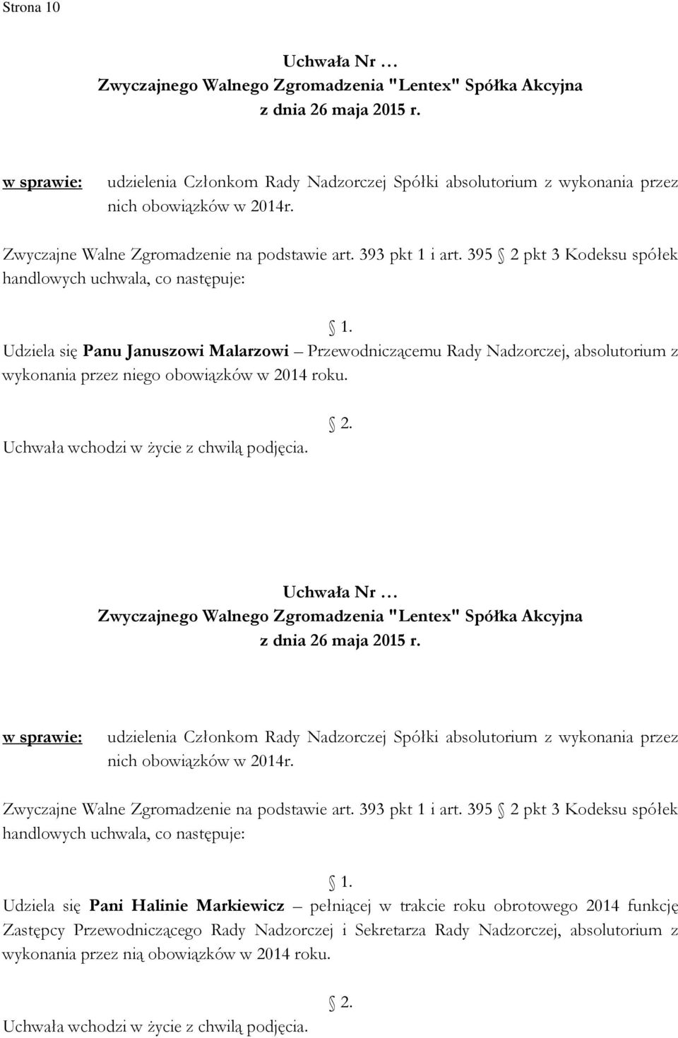 395 2 pkt 3 Kodeksu spółek handlowych uchwala, co następuje: Udziela się Panu Januszowi Malarzowi Przewodniczącemu Rady Nadzorczej, absolutorium z wykonania przez niego obowiązków w 2014 roku. 2. z dnia 26 maja 2015 r.