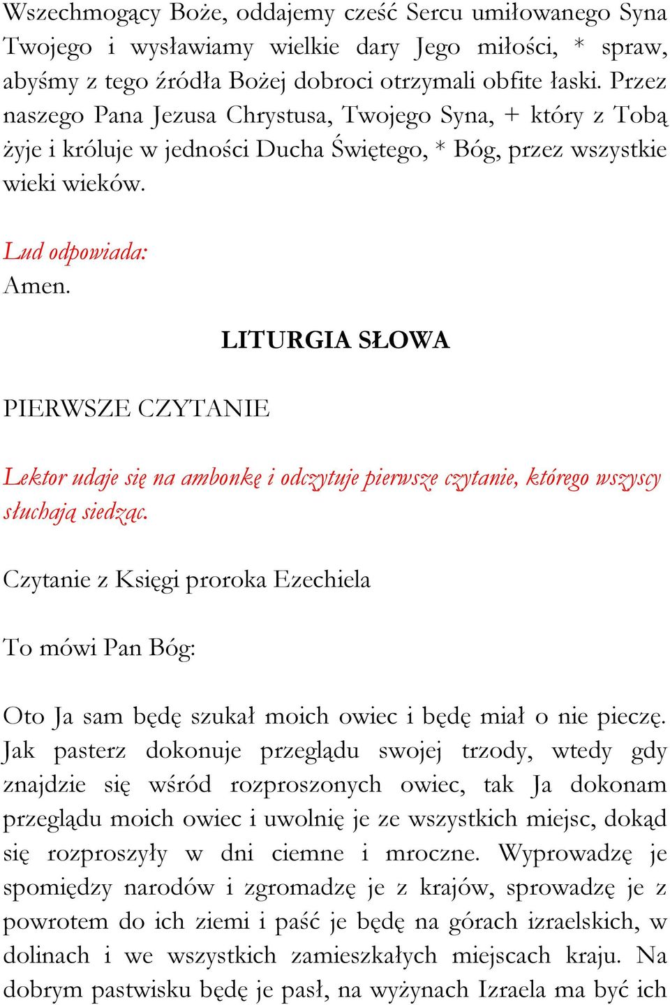 PIERWSZE CZYTANIE LITURGIA SŁOWA Lektor udaje się na ambonkę i odczytuje pierwsze czytanie, którego wszyscy słuchają siedząc.