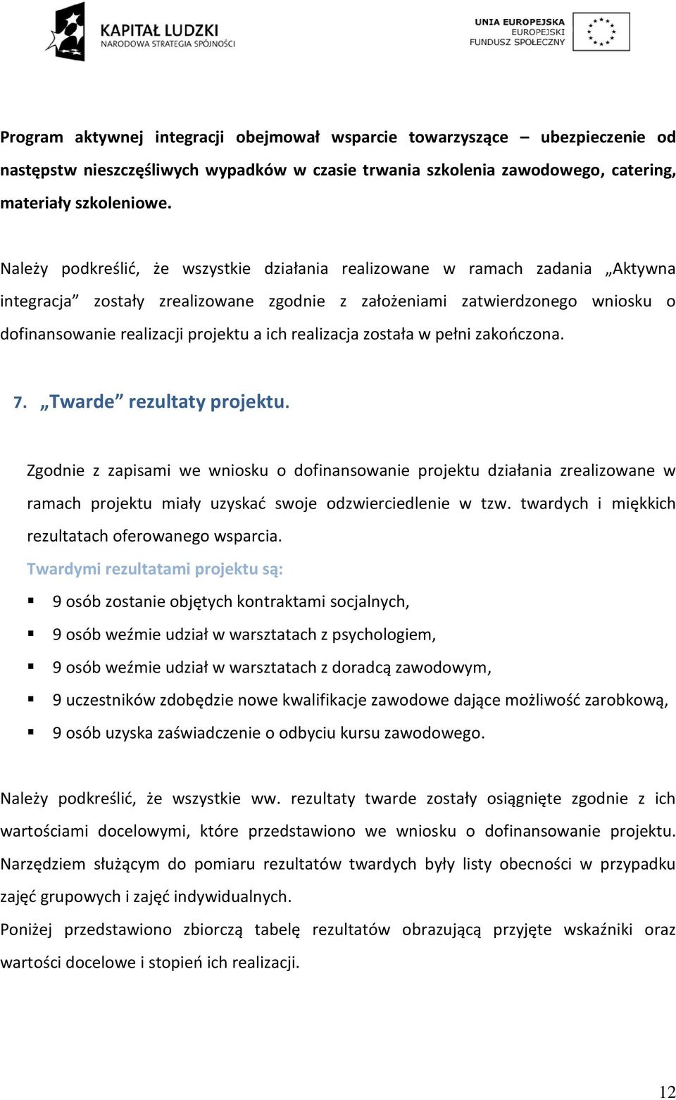 realizacja została w pełni zakooczona. 7. Twarde rezultaty projektu.