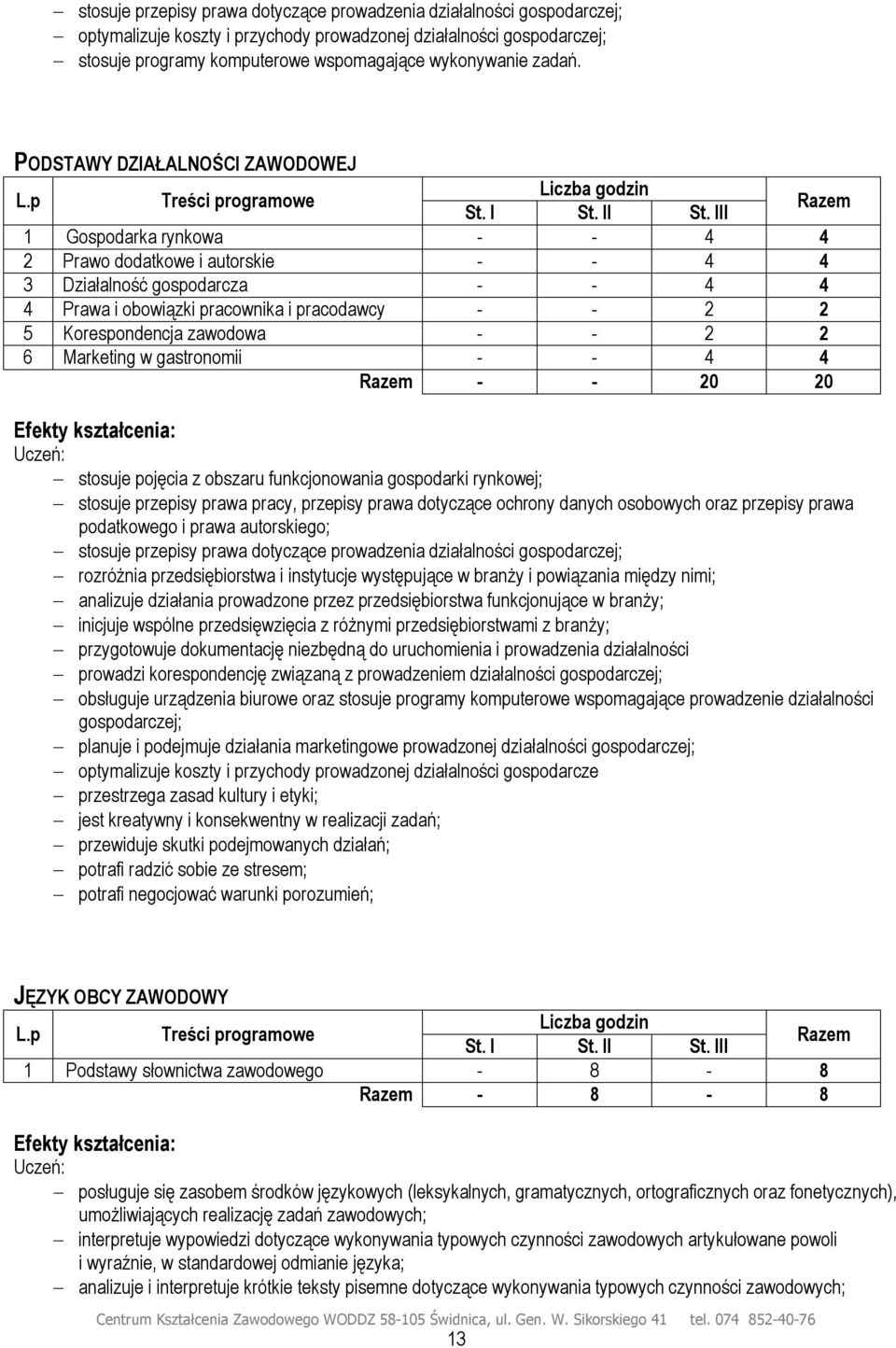 III Razem 1 Gospodarka rynkowa - - 4 4 2 Prawo dodatkowe i autorskie - - 4 4 3 Działalność gospodarcza - - 4 4 4 Prawa i obowiązki pracownika i pracodawcy - - 2 2 5 Korespondencja zawodowa - - 2 2 6