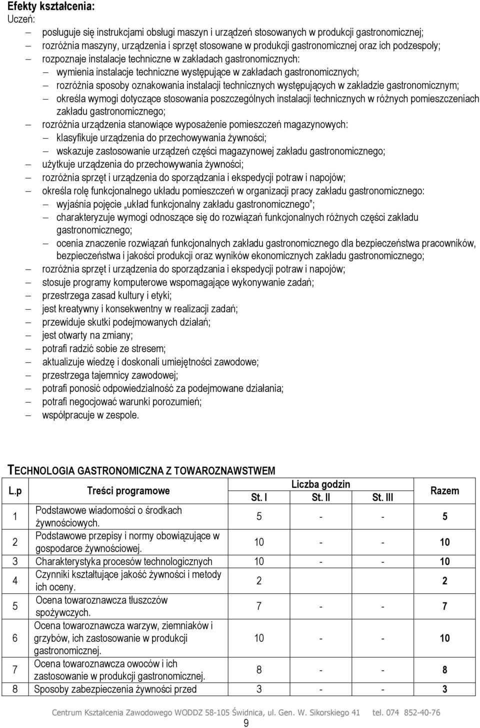 występujących w zakładzie gastronomicznym; określa wymogi dotyczące stosowania poszczególnych instalacji technicznych w różnych pomieszczeniach zakładu gastronomicznego; rozróżnia urządzenia