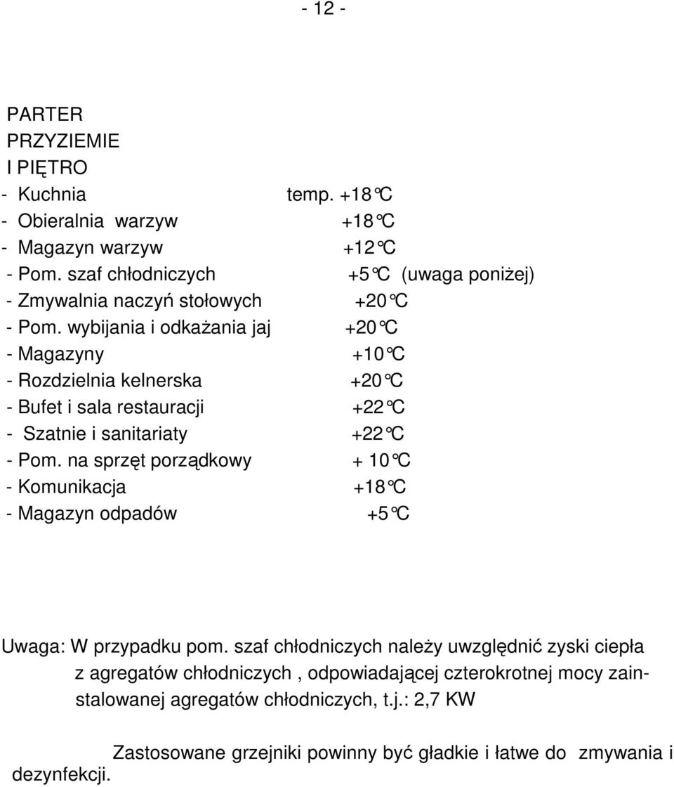 wybijania i odkaŝania jaj +20 C - Magazyny +10 C - Rozdzielnia kelnerska +20 C - Bufet i sala restauracji +22 C - Szatnie i sanitariaty +22 C - Pom.
